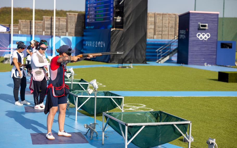 U.S. Army Staff Sgt. Rachel Tozier takes aim at clay targets during the women’s trap qualification round at the Chateauroux Shooting Centre in Chateauroux, France, on Tuesday, July 30, 2024.