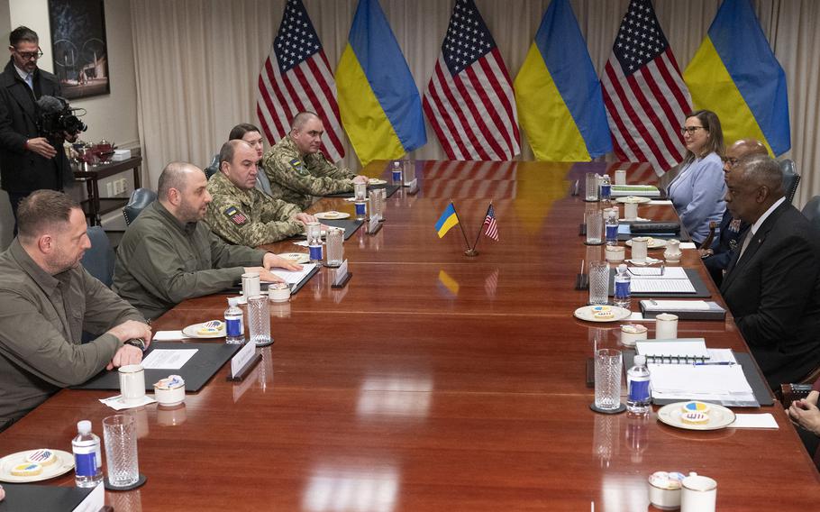 U.S. Defense Secretary Lloyd Austin (right) meets with Ukrainian Defense Minister Rustem Umerov (second left) at the Pentagon in Washington, D.C., on Wednesday, Dec. 6, 2023.