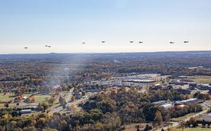 A total of eleven UH-60 Black Hawk helicopters from 8th Battalion, 229th Assault Helicopter Battalion of the 244th Expeditionary Combat Aviation Brigade conduct a multi-ship movement to the National Museum of the U.S. Air Force on October 26, 2024 around Wright-Patterson Air Force Base, Ohio. The impressive formation highlights the power and precision of Army aviation and honors the partnership between the U.S. Army and the U.S. Air Force. (U.S. Army Photo by Sgt. Jeff Harris)