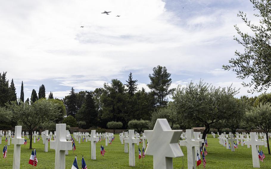 World War II aircraft fly over a ceremony Aug. 16, 2024, at the Rhone American Cemetery in Draguignan, France, commemorating the 80th anniversary of Operation Dragoon. 