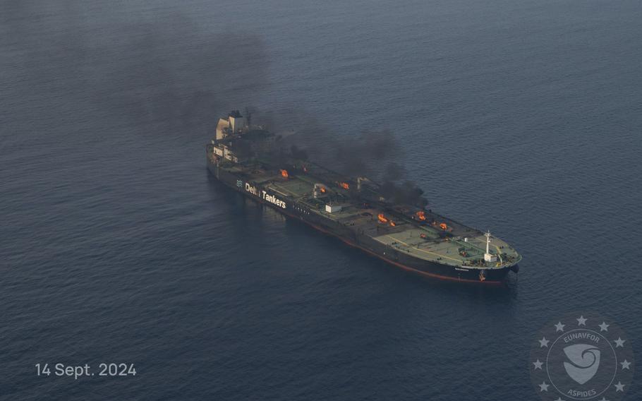 The oil tanker Sounion burning in the Red Sea