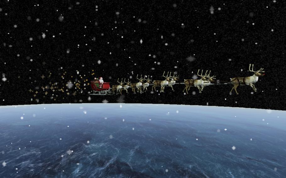 Reindeer pull Santa Claus and his sleigh over the top of the globe.