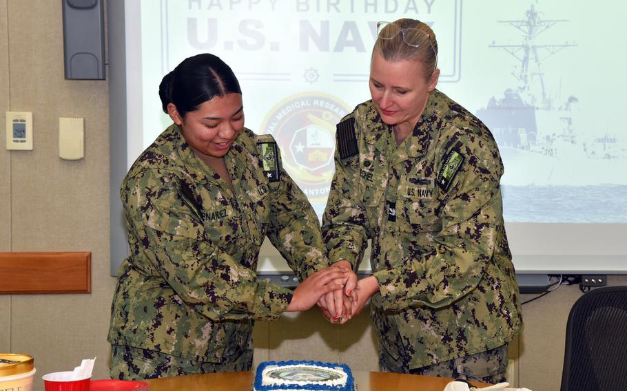 Navy birthday cake-cutting ceremony at Naval Medical Research Unit San Antonio, Oct. 8, 2024.