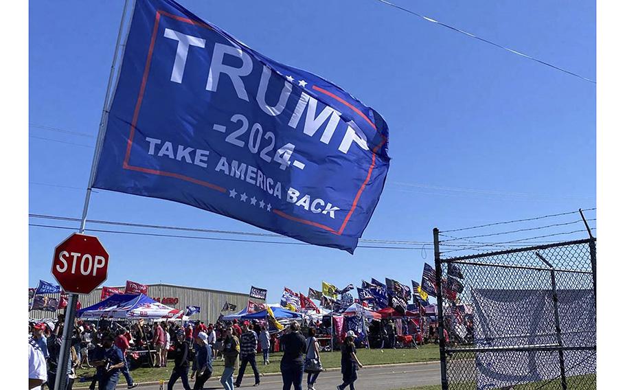 Hundreds gathered at the Waco airport Saturday, March 25, 2023, as they waited for Donald Trump to arrive at his first rally in his 2024 presidential campaign. 