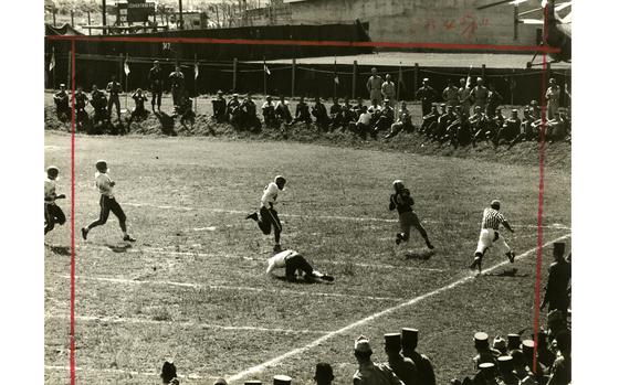 Craig Field,  South Korea, Sep. 13, 1958: Cavalier back Ronald Vierra (14) enters touchdown land and scores six points for his team in game with Osan AB. The visiting Osan eleven proved no match for the 1st Cav. team, and the Cavaliers downed the visiting team 28-14, in the opening game of the All-Korean Football Conference. The game was part of a full day of activities on the division's 37th birthday that included dedication of Craig Field. The 1st Cav. was activated as a Regular Army division at Ft. Bliss, Texas, September 13, 1921.

Pictured here is a scan of the original 1958 print created by Stars and Stripes Pacific's photo department to run in the print newspaper. The red marks indicate the crop lines. Only the middle part of the image would appear in the newspaper. As the vast majority of pre-1964 Stars and Stripes Pacific negatives and slides were unwittingly destroyed by poor temporary storage in 1963, the prints developed from the late 1940s through 1963 are the only images left of Stripes' news photography from those decades – with the exception the negatives of some 190 pre-1964 photo assignment found recently. Stars and Stripes' archives team is scanning these prints and negatives to ensure their preservation. 

META TAGS: Football; 1st Cavalry Division; First Team; military sports; anniversary