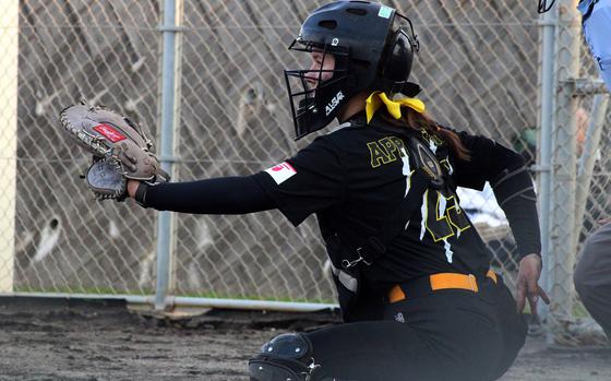 Senior Emaleigh Appleton has started behind the plate for Kadena in their run of two straight Far East Division I Tournament titles and 26-3-1 two-season run.