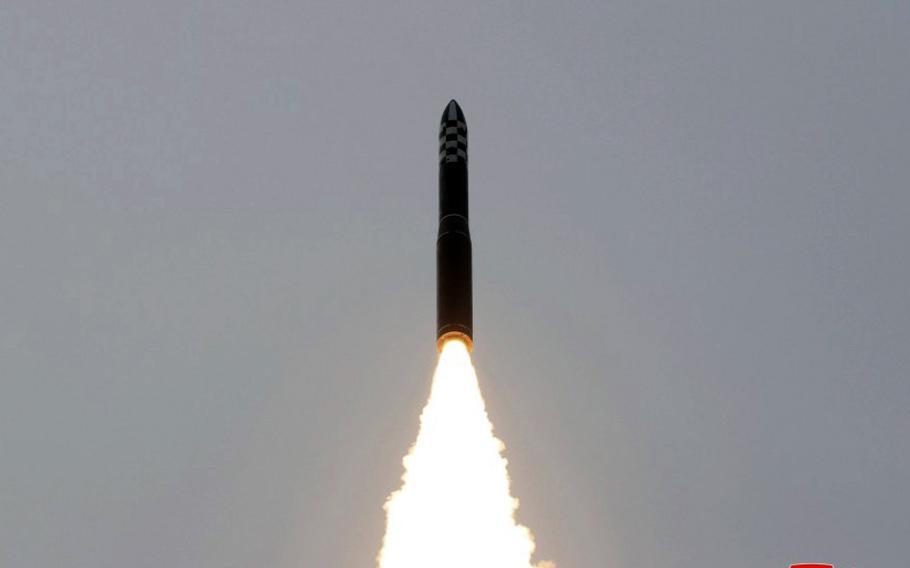 North Korea launches a solid fueled Hwasong-18 intercontinental ballistic missile on April 13, 2023. North Korea has fired an unidentified ballistic missile on July 12, 2023, according to the South’s military.