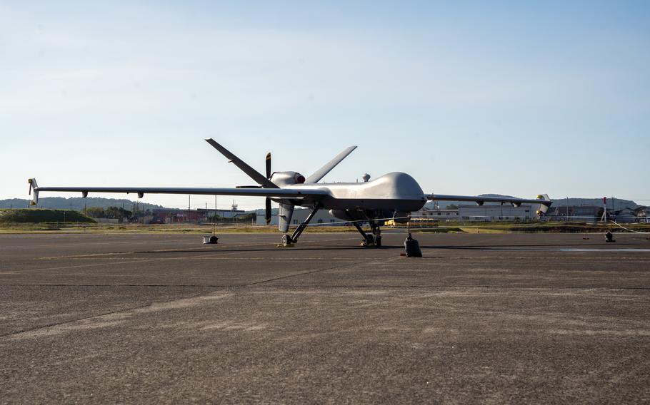 An MQ-9 Reaper remotely piloted aircraft, assigned to the 319th Expeditionary Reconnaissance Squadron at Kanoya Air Base, on Japan Nov. 5, 2022.