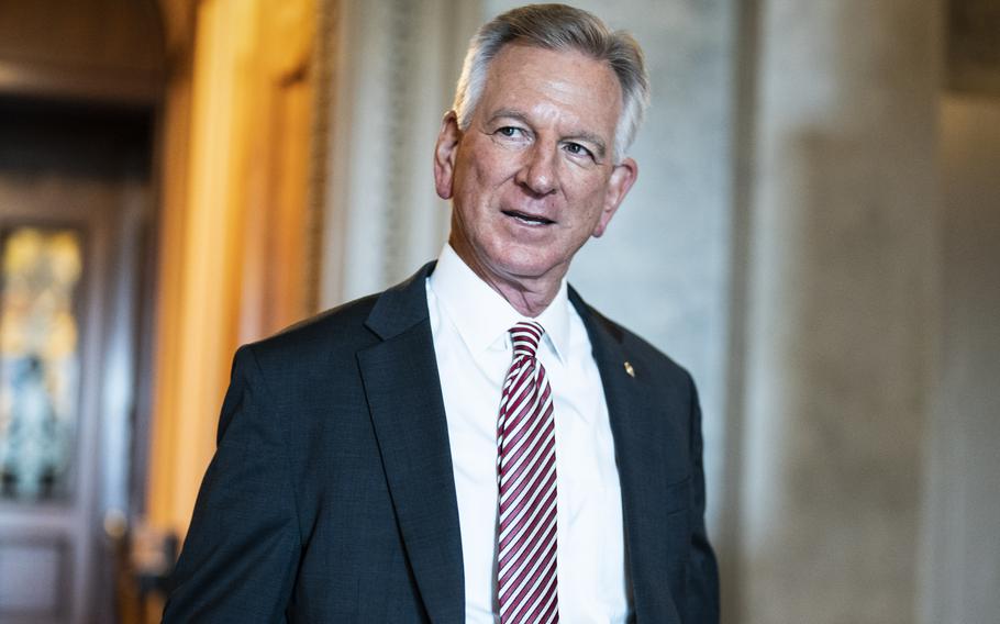 Sen. Tommy Tuberville speaks with reporters on Capitol Hill in 2023. 