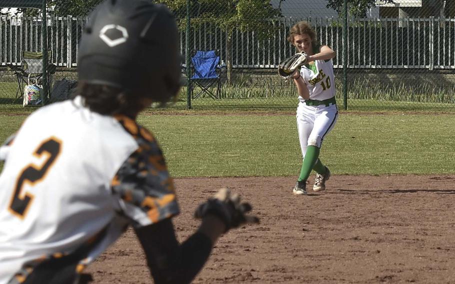 SHAPE freshman Emory Teta catches a line drive ball from Stuttgart sophomore Serenity Sampson during day one of the European championships on May 22, 2024, in Kaiserslautern, Germany.