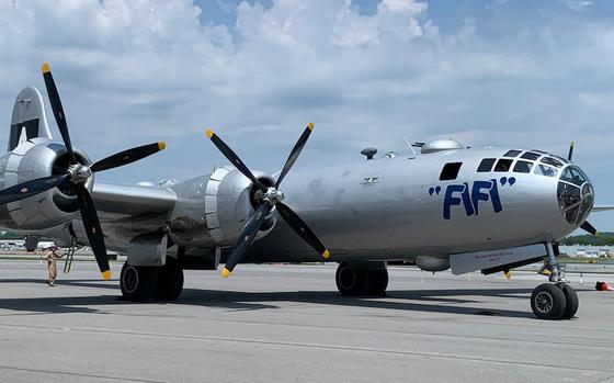 A B-29 Superfortress World War II bomber is parked at Syracuse Hancock International Airport on Monday, June 17, 2024. The plane came to Syracuse as part of the AirPower History Tour of the Commemorative Air Force. (Rick Moriarty | rmoriarty@syracuse.com)