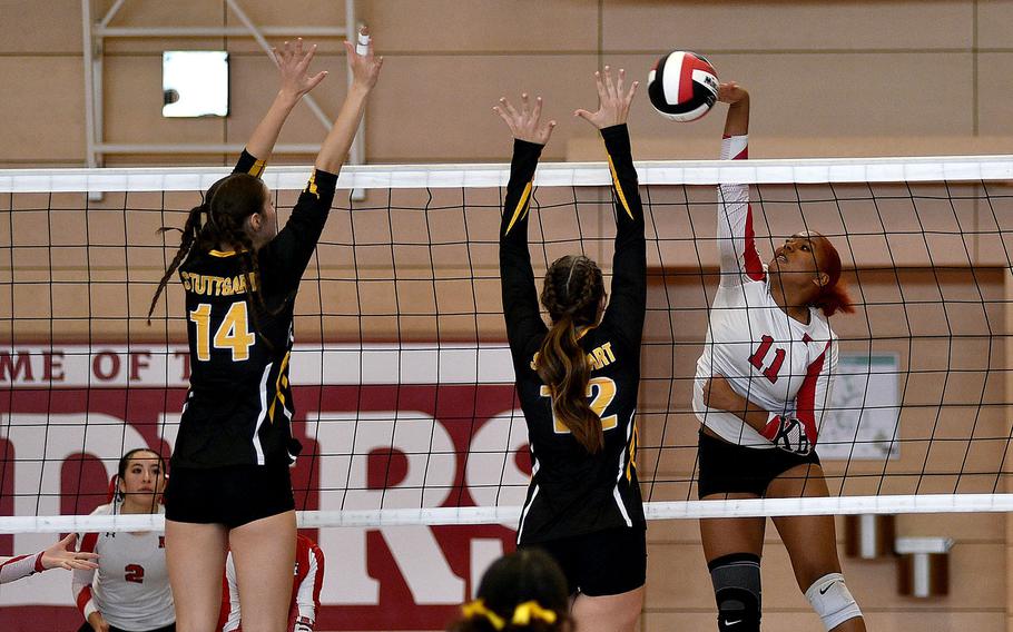 Briana Shields spikes the ball.