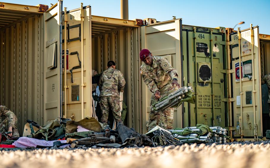 The 82nd Special Troops Battalion along with the 82nd Airborne Division Sustainment Brigade prepare equipment for the Rapid Removal of Excess Program at Fort Liberty, N.C., in October 2023. Units will relinquish outdated and excess equipment to align with the Army’s vision of keeping brigades light and more lethal.