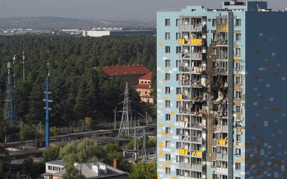 This photo shows a damaged residential building following a drone attack in Ramenskoye in the Moscow region on Sept. 10, 2024. A massive wave of Ukrainian drones set off air defences across several Russian regions, officials said on Sept. 10, 2024, killing at least one person and grounding flights in the capital. (Tatyana Makeyeva/AFP/Getty Images/TNS)