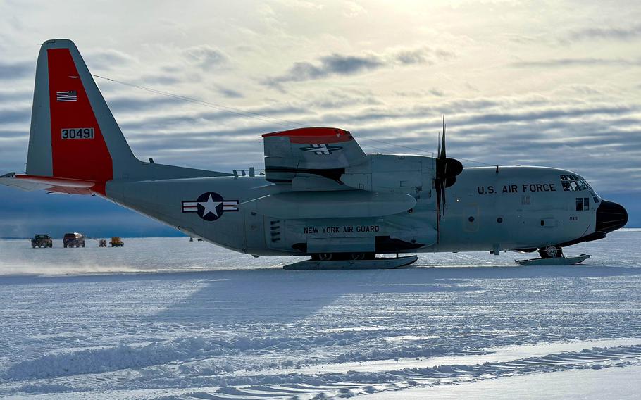 An Air Force cargo plane sits on ice in Antarctica.