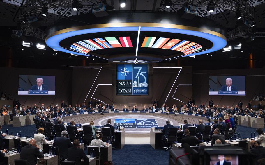 Joe Biden speaks during a meeting at the NATO summit in Washington on July 10, 2024.