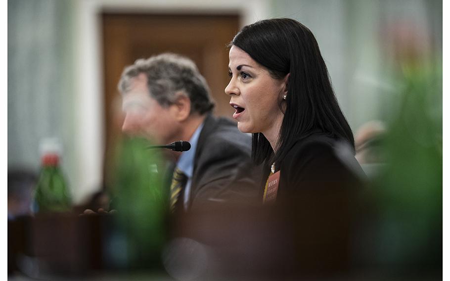 East Palestine resident Misti Allison testifies during a Senate Commerce Committee hearing on March 22 on improving rail safety in response to the Norfolk Southern train derailment in Ohio.