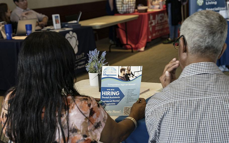 A health care career fair at Cape Fear Community College in Wilmington, N.C., on Feb. 28, 2023. 