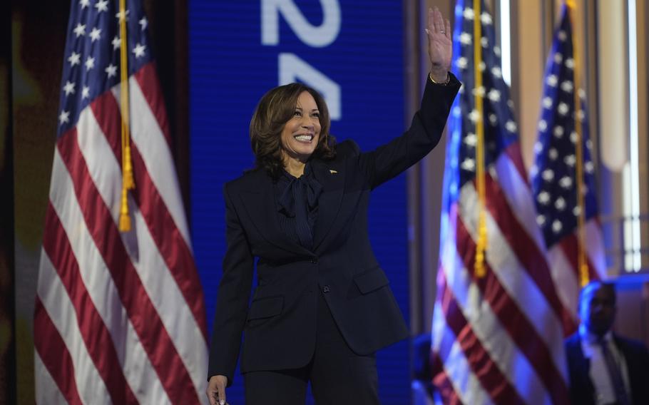 Kamala Harris takes the stage for her acceptance speech at the Democratic National Convention in Chicago on Aug. 22, 2024.