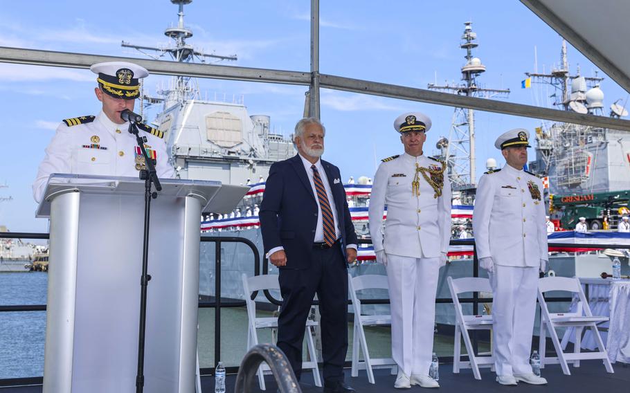 Cmdr. Christopher M. Stolle, the commanding officer, gives a speech during the decommissioning ceremony of the guided-missile cruiser USS Vicksburg (CG 69), June 28, 2024, in Norfolk, Va.