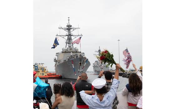 The Arleigh Burke-class guided-missile destroyer USS Russell (DDG 59) returns from an eight-month deployment to its homeport at Naval Base San Diego, Oct. 15, 2024. The Russell departed San Diego on Feb. 10, and joined the Theodore Roosevelt Carrier Strike Group in the U.S. 3rd, 5th, and 7th Fleet areas of operation to conduct global maritime security operations supporting regional stability. (U.S. Navy photo by Mass Communication Specialist 2nd Class Maria G. Llanos)