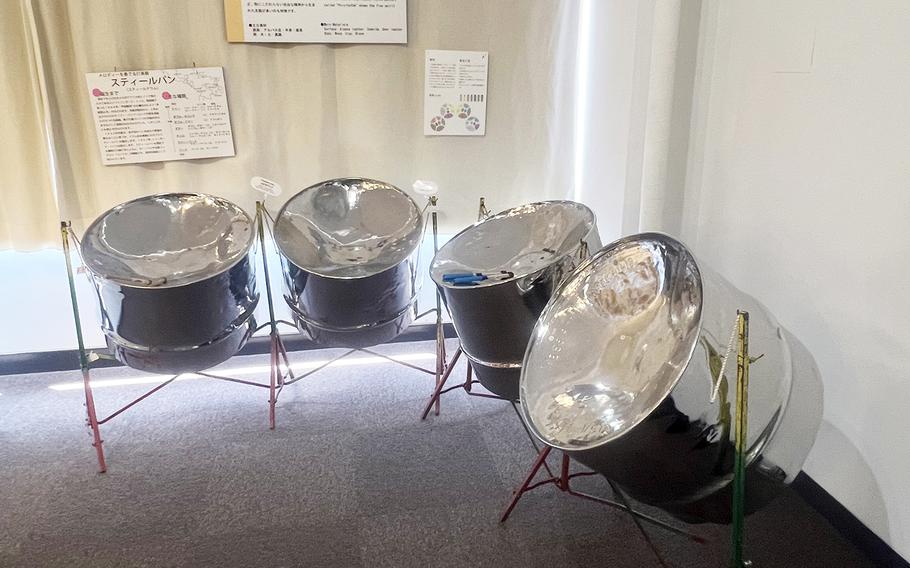 Visitors can play these steel pan drums from Trinidad at the Miyamoto-Unosuke Drum Museum in Tokyo.