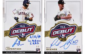 Topps’ rookie debut patch autograph cards with the Houston Astros’ Joey Loperfido, left, and Pittsburgh Pirates’ Paul Skenes.