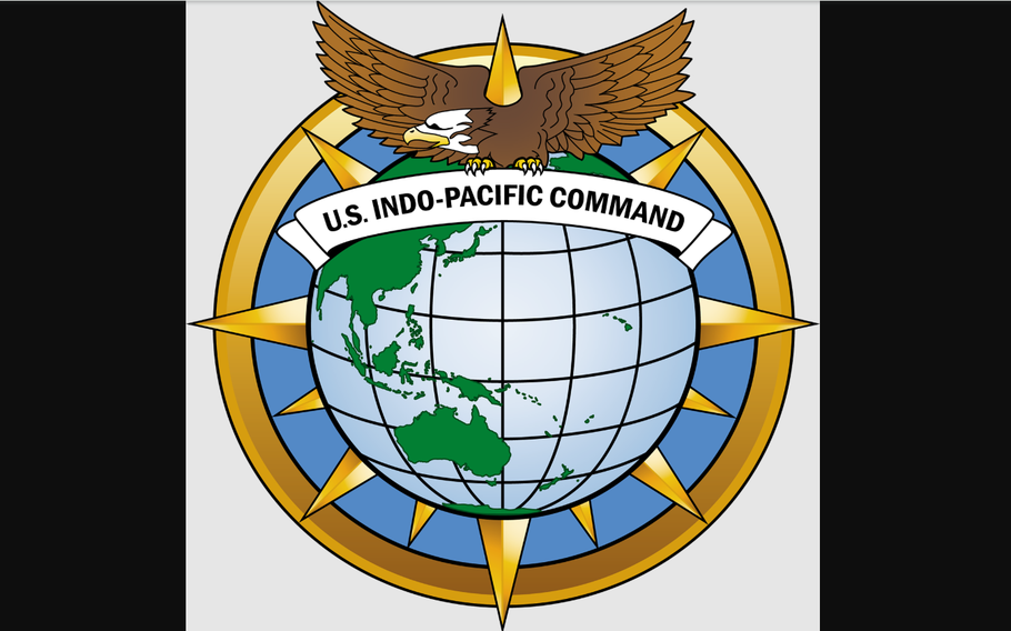 The U.S.  Indo-Pacific Command logo features an eagle holding a banner that says “U.S.  Indo-Pacific Command” over a globe.