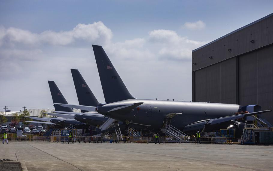 KC-46 air-to-air refueling tankers for the Air Force sit outside Boeing’s Everett Modification Center