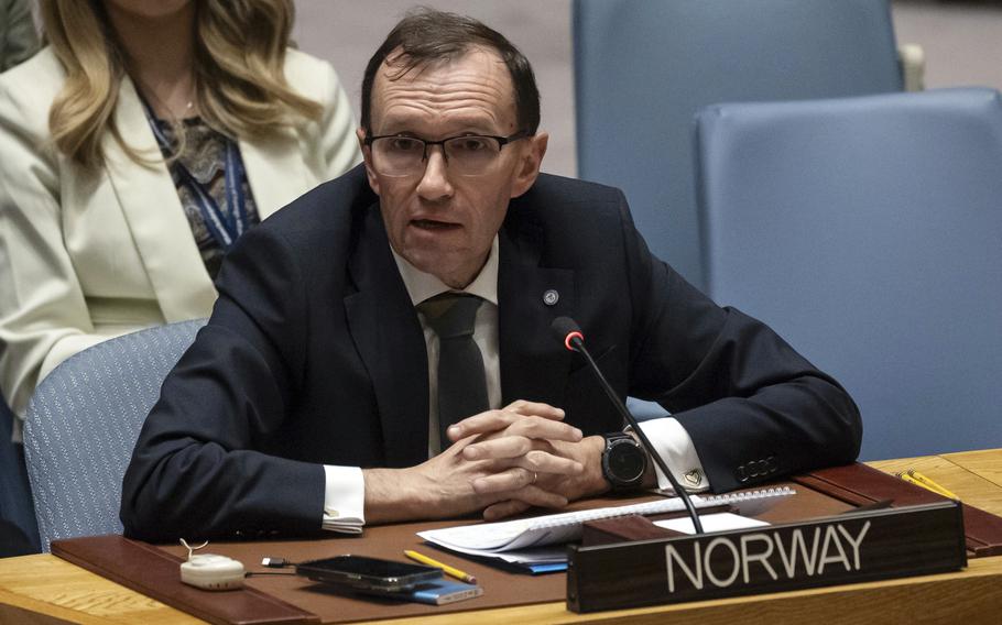 Norwegian Foreign Minister Espen Barth Eide speaks during a Security Council meeting at United Nations headquarters.