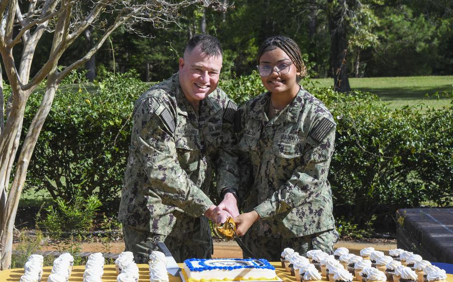 Cake-cutting ceremony at Naval Medical Center Camp Lejeune on Oct. 9, 2024.