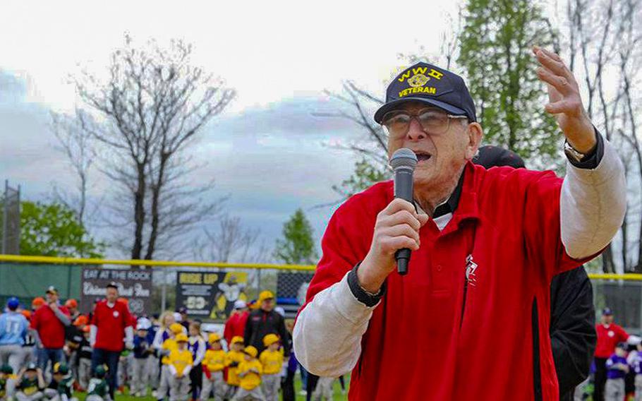 Archie Fagan leads a rousing rendition of 'Take Me Out To The Ball Game' during the Flemington-Raritan Baseball and Softball Opening Day event on April 22, 2017 in Flemington, N.J. 