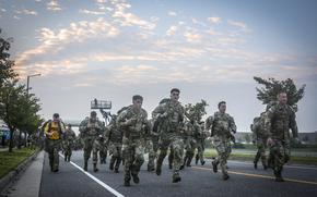 Soldiers march in remembrance of the 9/11 attack victims at Camp Humphreys, South Korea, Wednesday, Sept. 11, 2024.