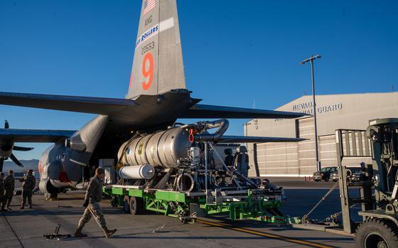 Airmen from the 152nd Maintenance and Logistics Readiness Squadron, Nevada Air National Guard, load the Modular Airborne Firefighting System (MAFFS) tank into MAFFS 9 at the Nevada Air National Guard Base January 10, 2024 to support wildland firefighting in Los Angeles. U.S. Northern Command has activated eight C-130 aircraft equipped with MAFFS and associated personnel to relocate from their home stations to the Channel Islands in Southern California to support firefighting efforts in the Los Angeles area. Some of the aircraft will be operational beginning Jan. 10, with all ready by or before Jan. 12.  The 152nd Airlift Wing’s “High Rollers” will report on January 12.