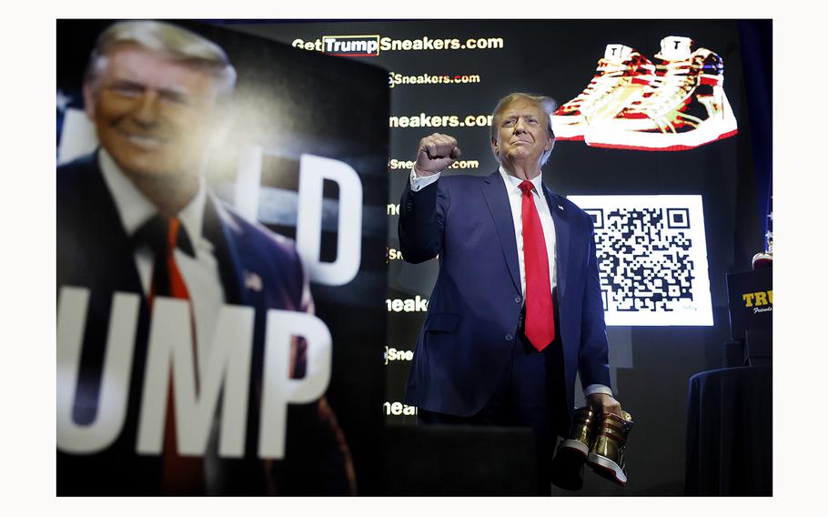 Republican presidential candidate and former President Donald Trump takes the stage to introduce a new line of signature shoes at Sneaker Con at the Philadelphia Convention Center on Feb. 17, 2024, in Philadelphia, Pennsylvania. 