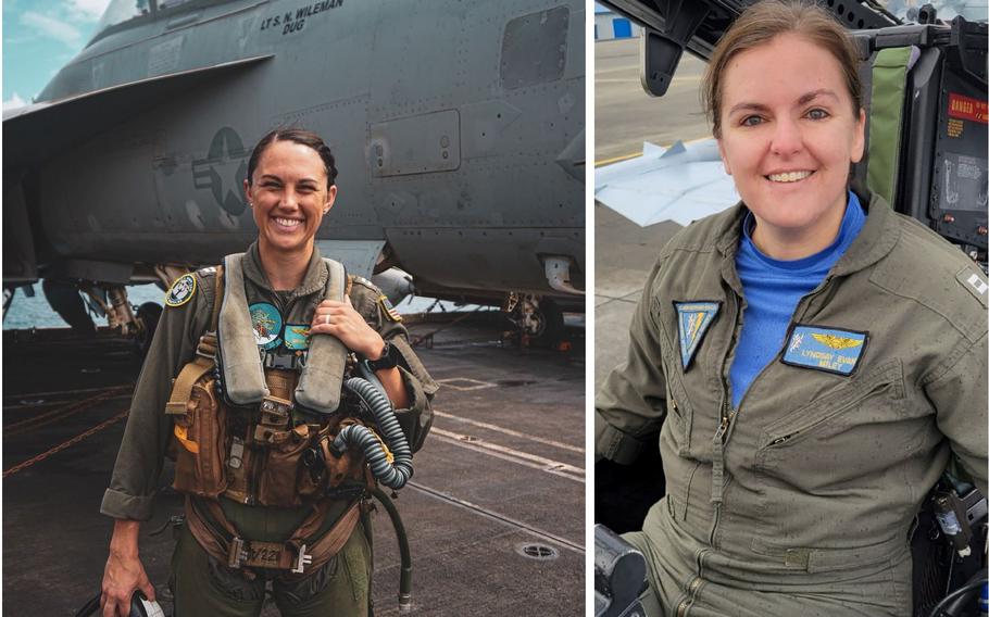 Side-by-side photos of two naval aviators wearing flight suits.