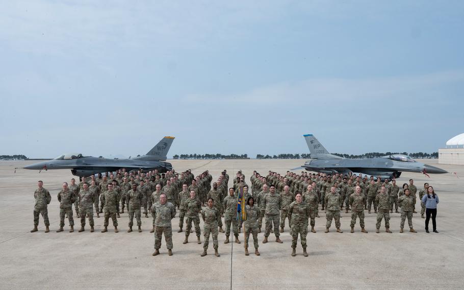 Members of the 8th Maintenance Squadron stand for a photo at Kunsan Air Base, South Korea, April 5, 2024. 