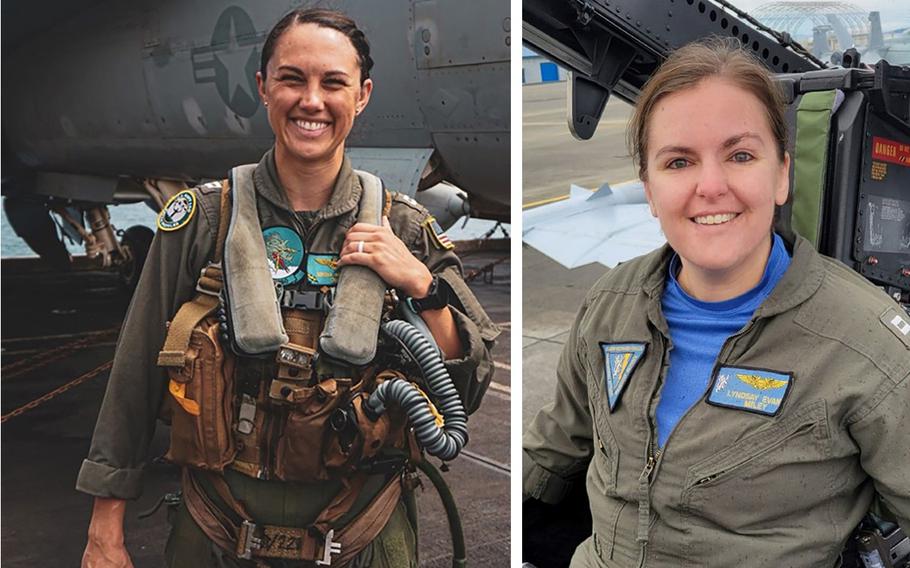 Side-by-side photos of two naval aviators wearing flight suits.