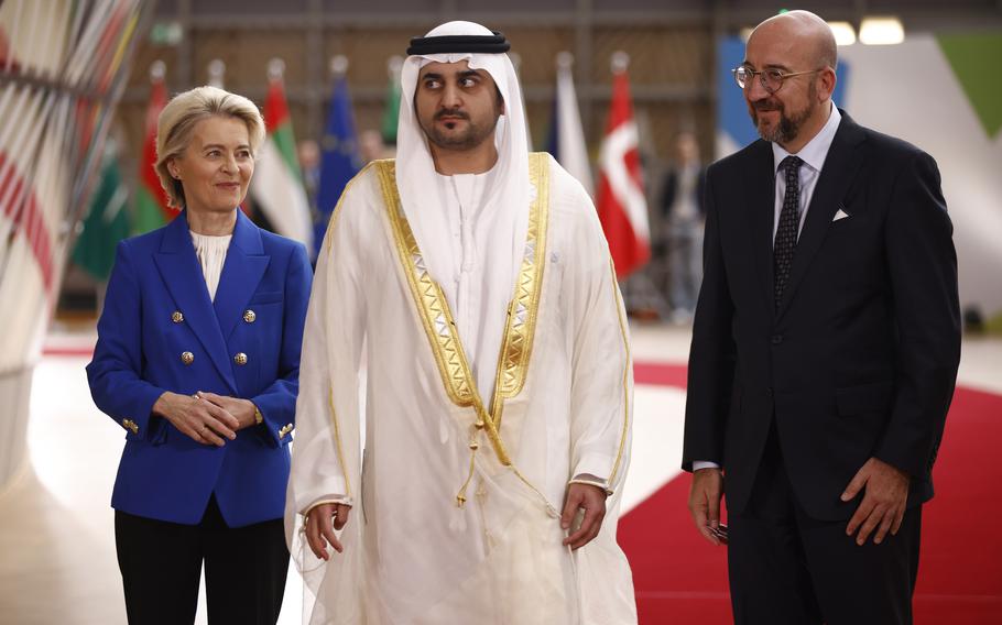 The European Council president, right, and European Commission president, left, welcome the United Arab Emirates’ deputy prime minister during a summit in Brussels, Belgium, Oct. 16, 2024.