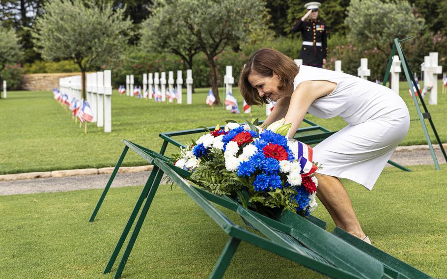 Denise Campbell Bauer, the U.S. ambassador to France, places a wreath at the Rhone American Cemetery in Draguignan, France, Aug. 16, 2024.