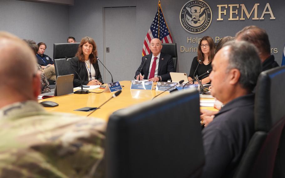 Department of Homeland Security Secretary Alejandro Mayorkas attends an interagency brief at FEMA Headquarters to discuss response and recovery efforts for Hurricane Fiona and Typhoon Merbok. 