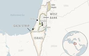 This is a locator map of Israel and the Palestinian Territories.