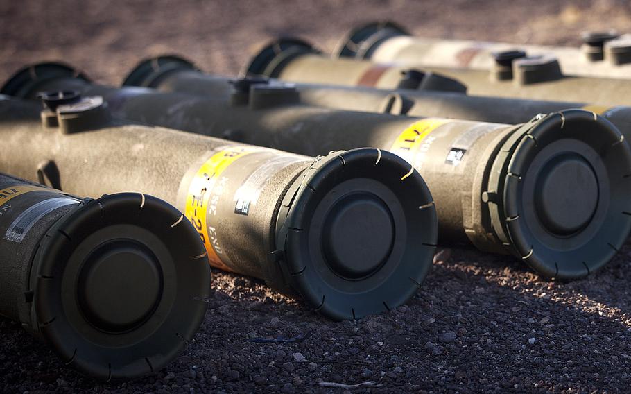 Tube-launched, Optically-tracked, Wire-guided missiles lay ready for firing by anti-tank missilemen from Weapons Company, 3rd Battalion, 3rd Marine Regiment, during the Enhanced Mojave Viper training exercise at the Black Top Range Training Area on Marine Corps Air Ground Combat Center Twentynine Palms, Calif., Aug. 29. The Marines of 3/3 are working through the 35-day exercise, their final evaluation before deploying to Afghanistan's Helmand province in support of Operation Enduring Freedom this fall. During EMV, the infantry battalion is training in the field bolstering infantry skills and practicing counterinsurgency operations. The Marines will combine with supporting arms, aviation and logistics units, and train to fight as a Marine Air Ground Task Force to prepare for deployment.