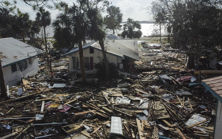 Debris from a destroyed building is strewn about after being hit by Hurricane Helene.