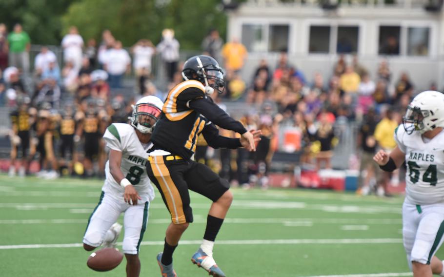 Naples’ Gab-riel Doran strips Vicenza quarterback Maxwell Thrash of the ball during his throwing motion Friday, Sept. 20, 2024 in Vicenza, Italy.