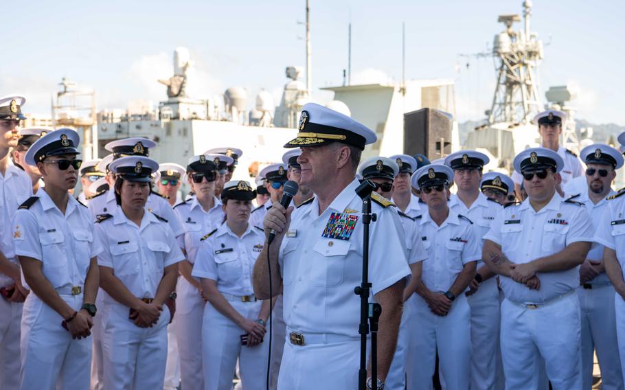 Adm. Samuel Paparo, center, speaks to Canadian service members while on the Halifax-class frigate HMCS Ottawa during a port visit at Joint Base Pearl Harbor-Hickam, Hawaii, on Dec. 9, 2023. 