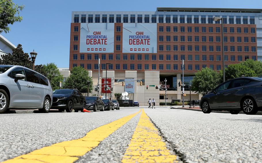Signs for CNN presidential debate are seen outside of their studios inside the Turner Entertainment Networks on June 26, 2024 in Atlanta, Georgia. 