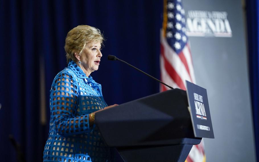 Former Trump administration official and current America First Policy Institute Board Chair Linda McMahon speaks at a podium, July 26, 2022.