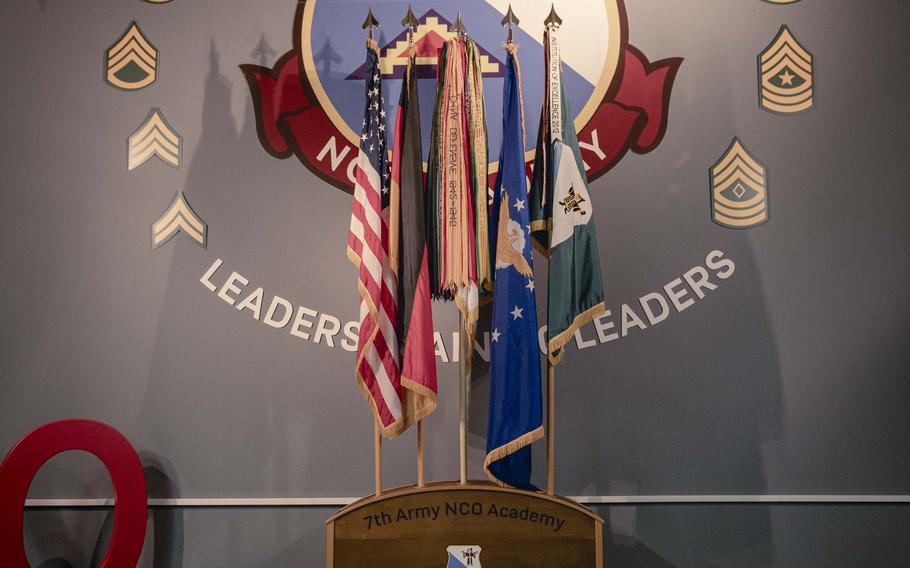 Flags stand for the 75th anniversary ceremony for the 7th Army NCO Academy.