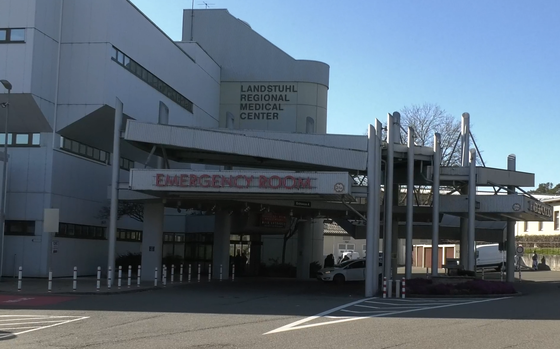 A view of the outside of a hospital emergency room receiving area.